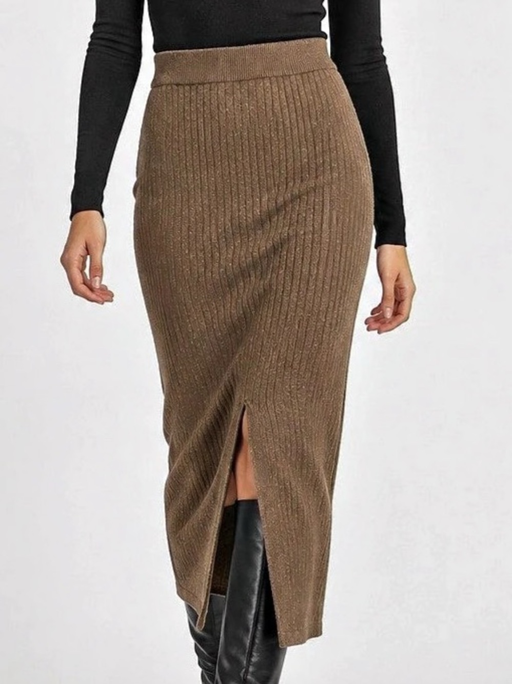 Free People Skyline Brown Ribbed Knit Midi Skirt XS Front Slit